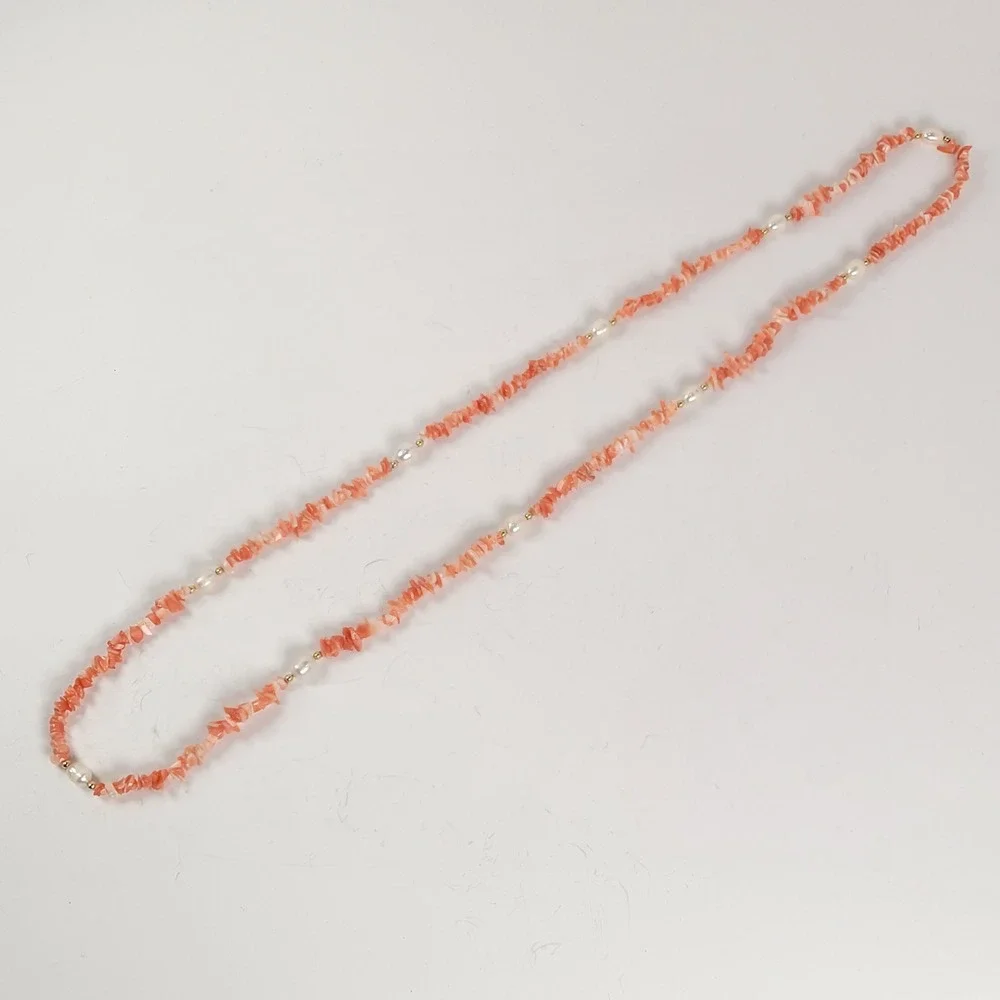 Vintage Pink Coral Chip Necklace Freshwater Pearls 14K Gold Spacers 34